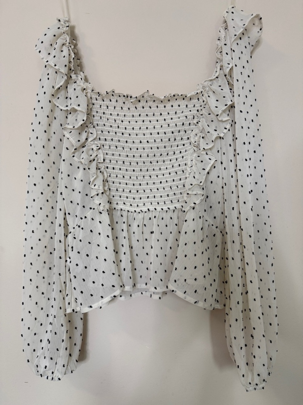 june & hudson White Smocked Peplum Blouse with Black Dot Print Plus size 1X - Picture 6 of 13